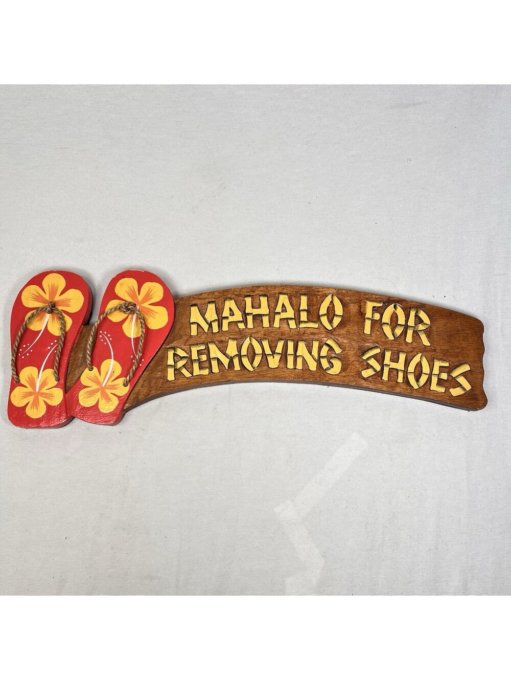 Carved 3D Painted Wood 21” Sign Plaque Mahalo Removing Shoes Red Flip Flops Tiki
